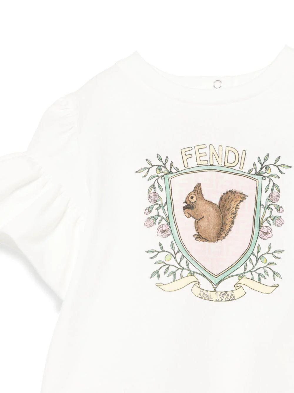 T-shirt per neonata Fendi Kids bianco con stampa sul davanti e maniche con ruches - Image 3