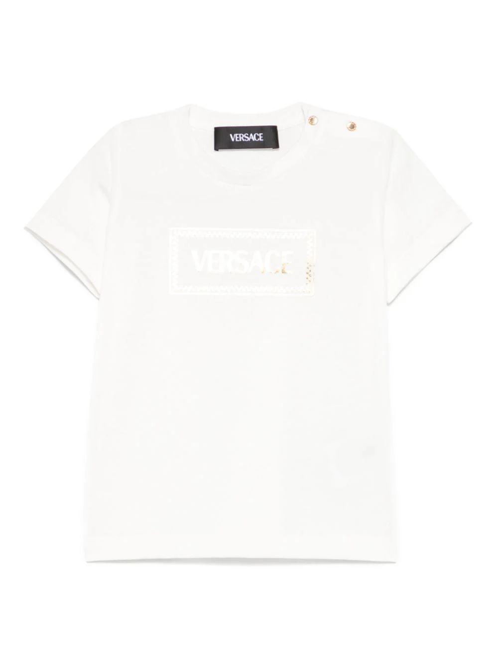 T-shirt per neonata Versace Kids bianco con stampa logo e chiusura a pressione sulla spalla