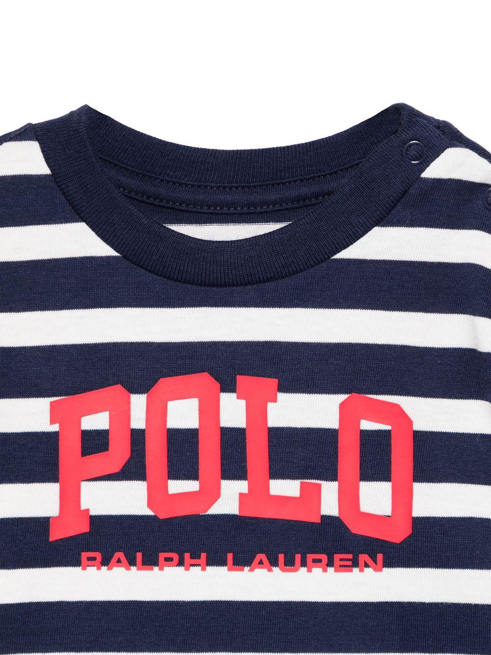 T-shirt per neonato Polo Ralph Lauren Kids blu a righe con stampa logo sul davanti - Image 3