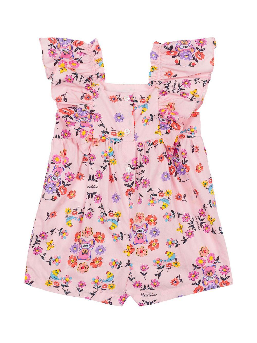 Tutina a fiori per neonata Moschino Kids rosa con scollo quadrato - Image 3